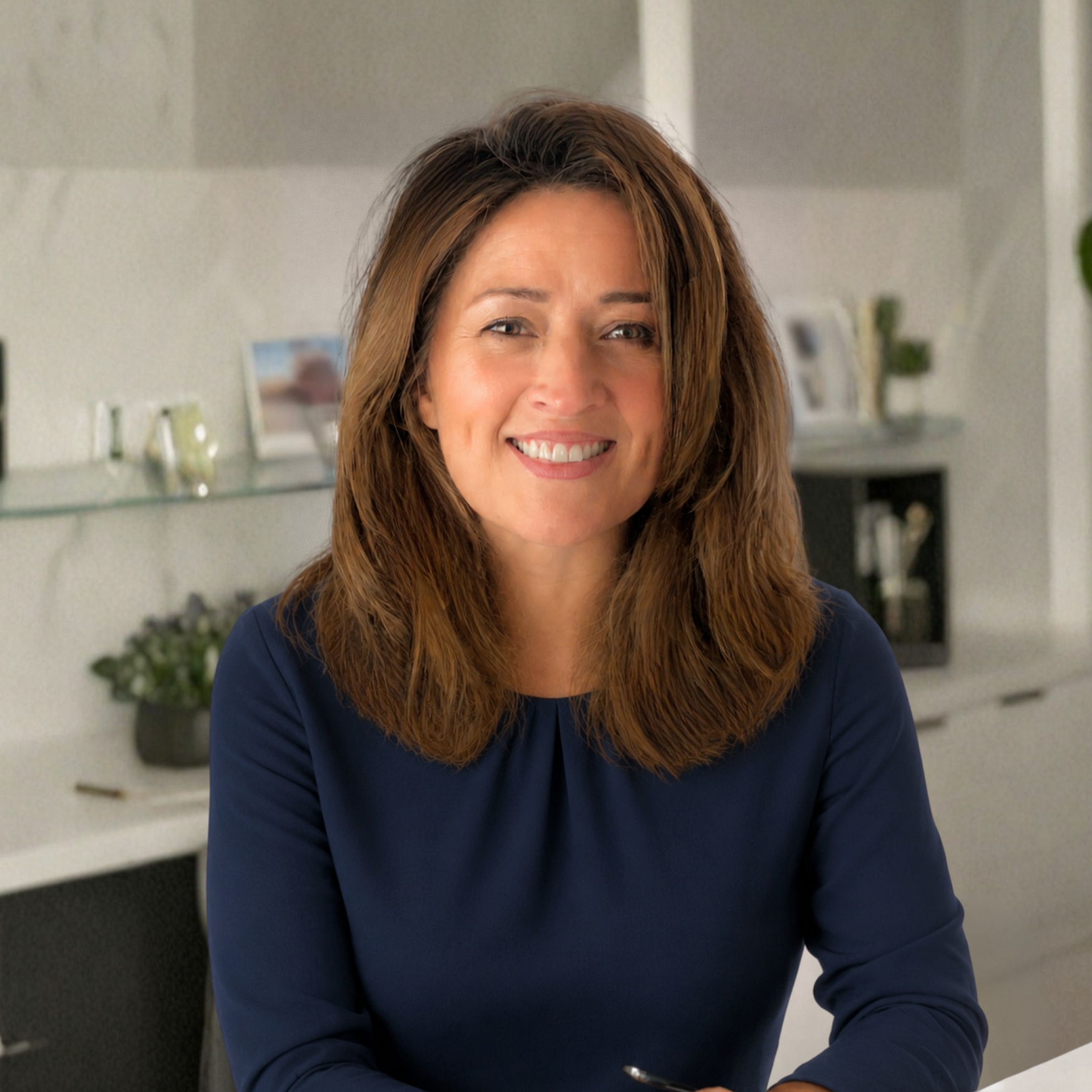 Jane Garrad_at desk_blue top Truva Lettings Property management across Scotland